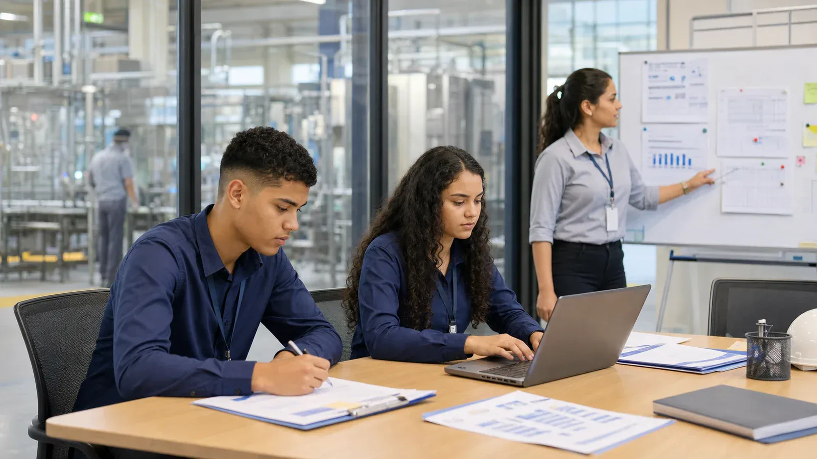 Jovens aprendizes acompanhando rotinas administrativas em unidade industrial
