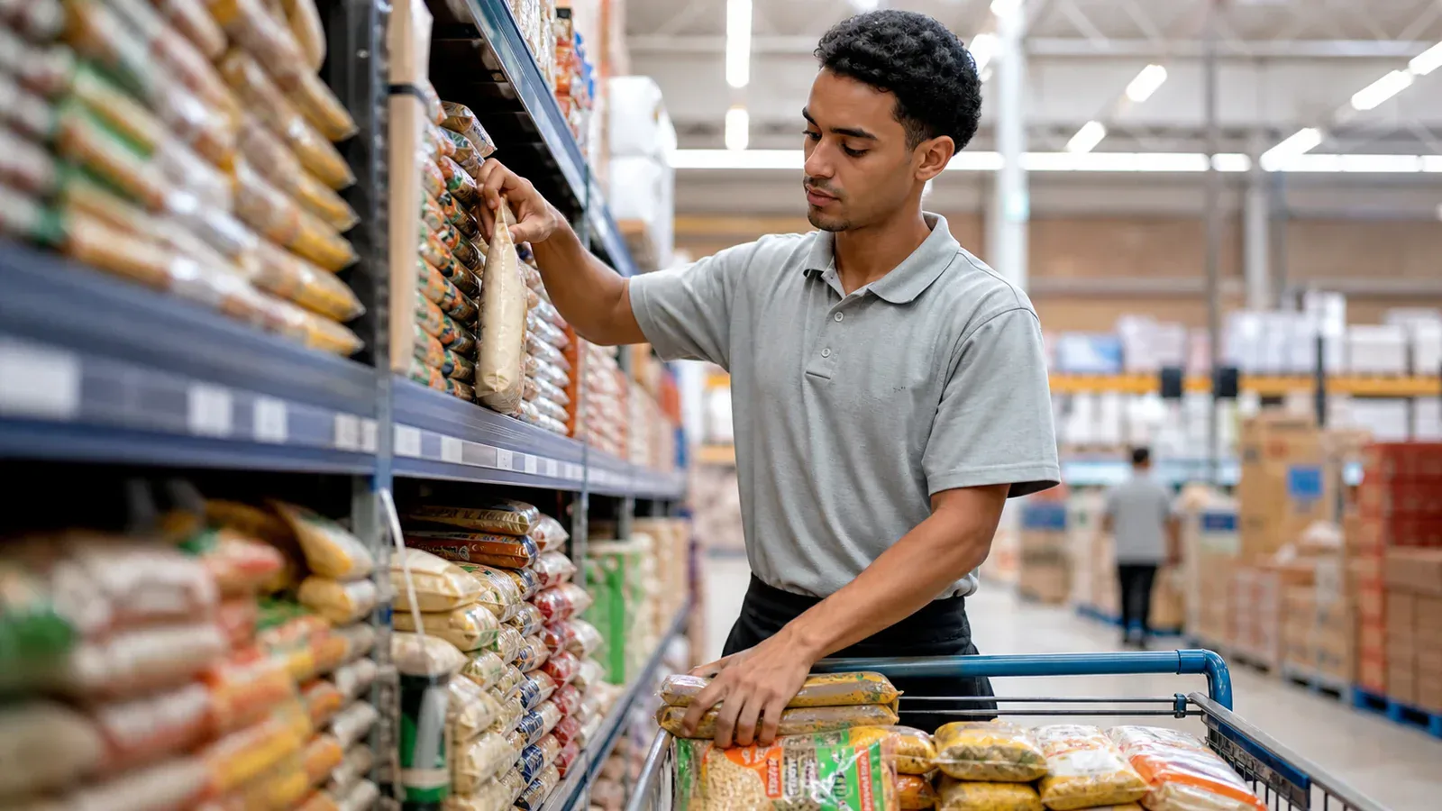 Jovem aprendiz organizando mercadorias em corredor de atacarejo