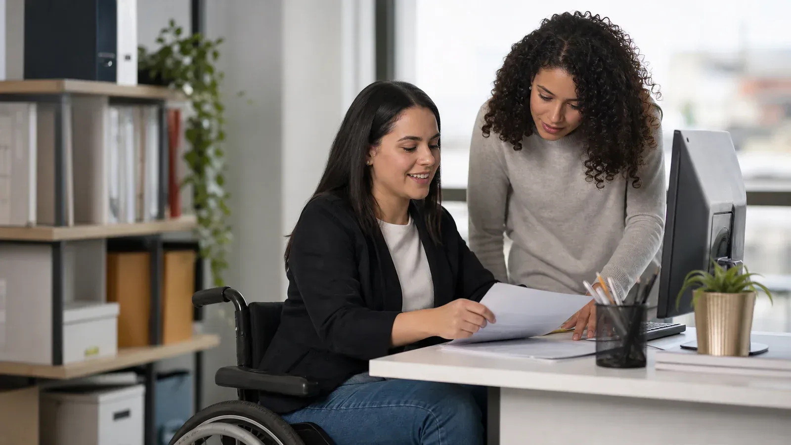Jovem aprendiz com deficiência realizando atividades administrativas em escritório