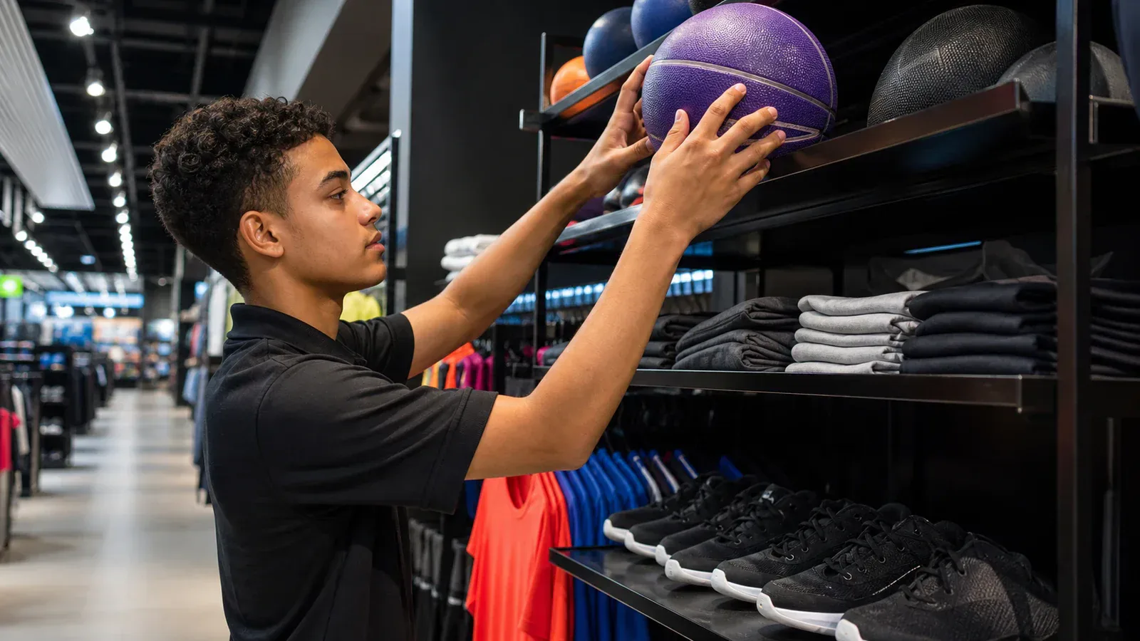 Jovem aprendiz organizando produtos esportivos na área de vendas