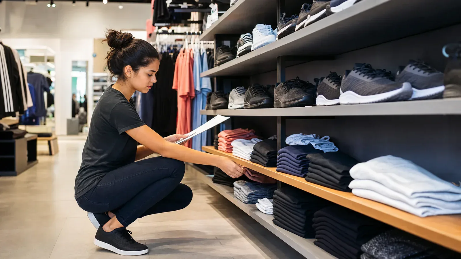 Jovem aprendiz repondo artigos esportivos em loja de shopping