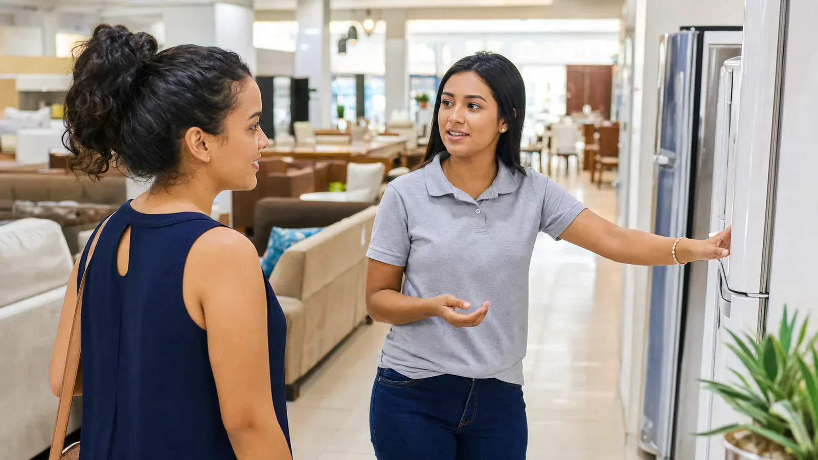 Jovem aprendiz auxiliando no atendimento em loja de móveis e eletrodomésticos