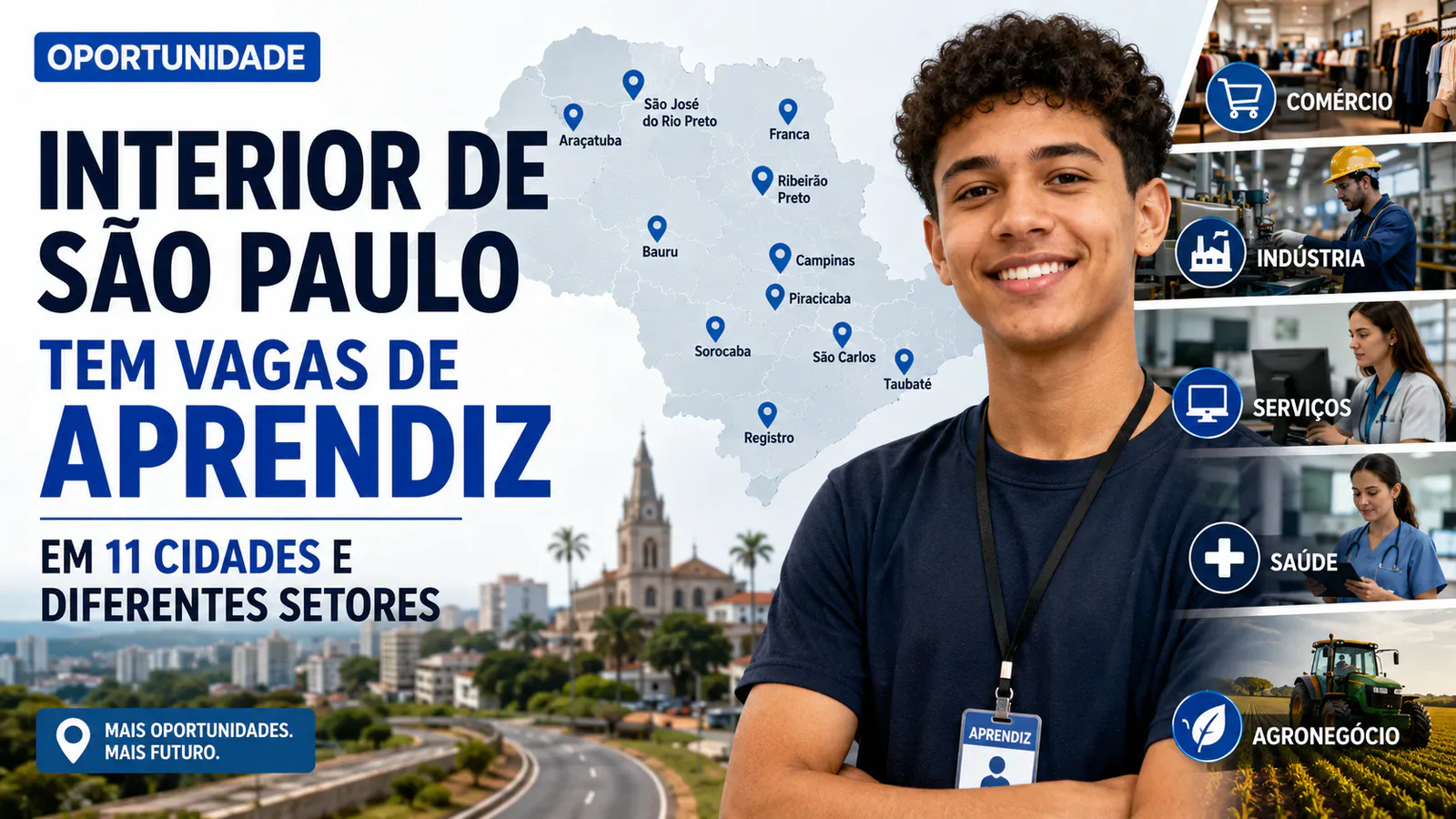grupo de jovens profissionais representando cidades do interior de São Paulo