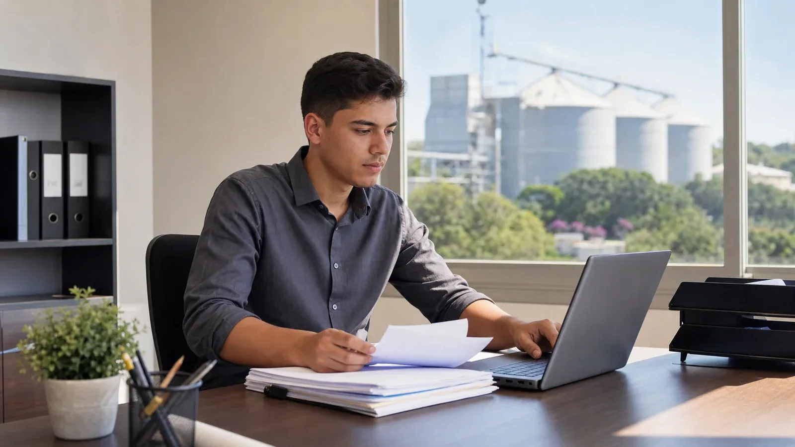 Jovem aprendiz atualizando planilhas e organizando documentos administrativos