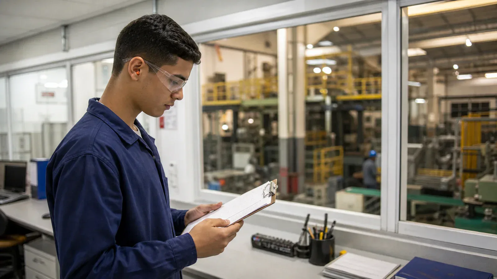 Jovem aprendiz conferindo ordem de serviço em área administrativa de fábrica